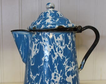 Antique Enamel Marbled Graniteware Lidded Pitcher Jug Blue White Enamelware