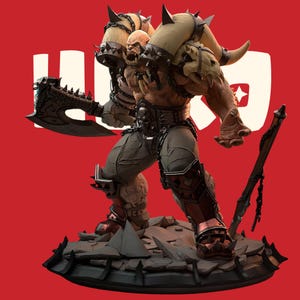 May include: A muscular orc figurine with tan skin, sharp tusks, and an open mouth. The figure wears spiked shoulder armor, a skull-adorned belt, and dark trousers. It holds a large, dark, spiked battle axe in one hand and stands on a rocky base.