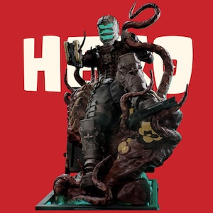 May include: A detailed figurine of a character in a dark brown armoured suit with a glowing cyan visor, holding a mechanical device. The figure is entangled in brown, fleshy, tentacled organic matter against a red background with white text.