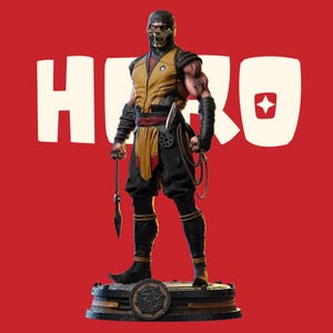 Pode incluir: Uma figura detalhada do Scorpion de Mortal Kombat em pé sobre uma base circular. O personagem veste um traje ninja amarelo e preto com máscara e segura uma lança kunai. O fundo é vermelho sólido com o grande texto branco HERO.