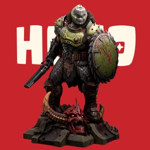 May include: A collectible figurine of a warrior in green and dark armour, wearing a helmet, holding a long firearm and a circular shield with a spiked edge. The figure stands on a base featuring a red horned skull and chains against a red background.