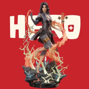 May include: A detailed figurine of a dark-haired character in a black outfit, standing on a rocky base with translucent orange energy effects and a cross-shaped emblem. The background is red with the white text HERO featuring a star-shaped cutout.