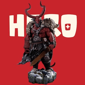 May include: A red-skinned horned figure with a beard, wearing a fur-lined cloak, a cross necklace, and dark armour, holding a large sword. The figure stands on a stone base with a black bird, set against a red background with the white text HERO.