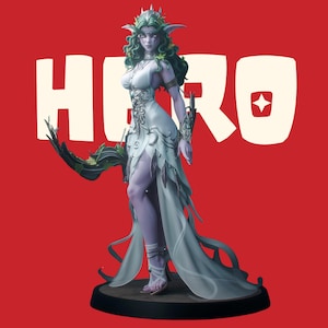 May include: A fantasy figurine of a purple-skinned elf with long green hair, wearing a white dress with silver filigree, a crown, and arm cuffs. The figure holds a dark, curved bow and stands on a circular base against a red background with the text HERO.