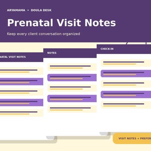 May include: A digital document template titled Prenatal Visit Notes by Aryamama Doula Desk. The layout features three overlapping pages with purple headers labeled Prenatal Visit Notes, Notes, and Check-In, containing lines for text and a button labeled Visit Notes + Preferences.