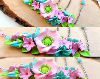 Pink Flower Necklace, Pastel Necklace, Pink Mint, Gift For Mom, Pastel Jewelry, Statement Necklace, Gift For Her, Windflower, Floral Fashion