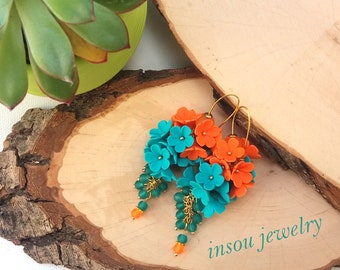 Emerald Earrings, Floral Dangle Earrings, Chandelier Statement Earrings, Earrings Waterfall Flower, Gift For Woman, Orange Green Jewelry