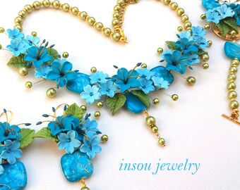 Turquoise Jewelry,  Flower Jewelry Set, Turquoise Flower Earrings, Floral Bracelet, Turquoise Necklace, Wedding Jewelry, MADE TO ORDER