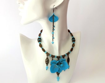 Turquoise Jewelry, Orchid Jewelry, Flower Necklace, Statement Necklace, Flower Jewelry, Turquoise Earrings, Long Earrings,Necklace Earrings