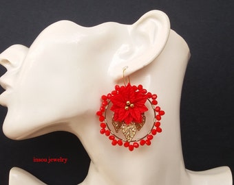 Coral Earrings, Red Round Earrings, Poisenttia Jewelry, Dangle Earrings, Handmade Earrings, Women Gift, Poinsettia Earrings, Red Flowers