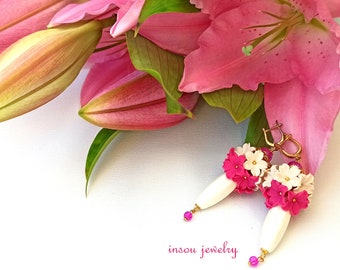 Pink Earrings, Boho Earrings, Floral Earrings, Magenta Earrings, Ivory Earrings, Dangle Earrings, Romantic Earrings, Statement Earrings
