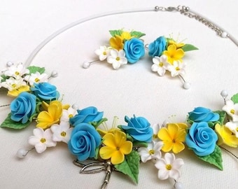 Flower Necklace, Statement Necklace, Rose Necklace, Floral Jewelry Set, Gift For Women, Colourful Necklace, Spring Jewelry Set