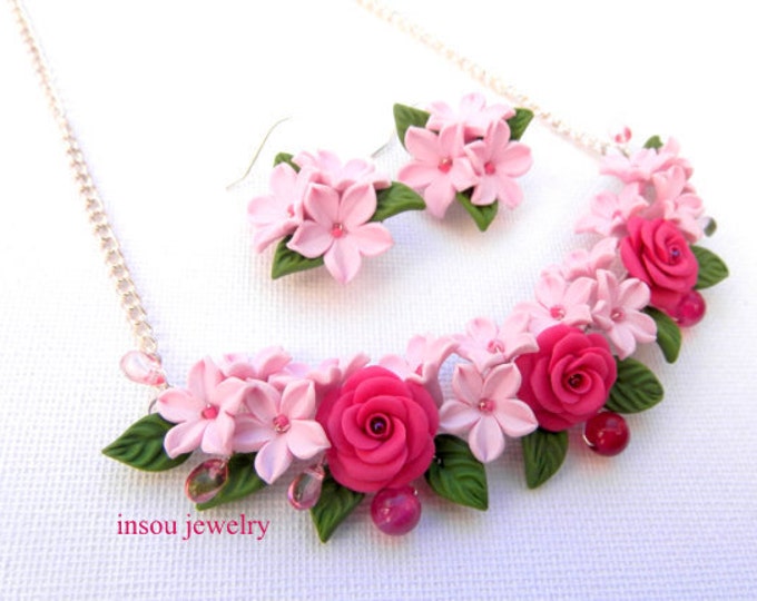 Pink Jewelry Set Flower Jewelry Roses Flower Necklace Flower Etsy