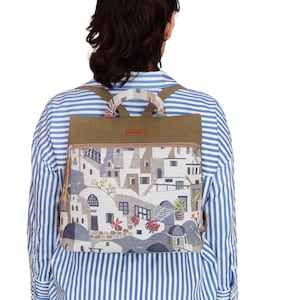 Santorini Zipper Backpack | Handmade Boho Bag | Greek Canvas Daypack | Mediterranean Tapestry Travel Backpack | Greek Island Backpack
