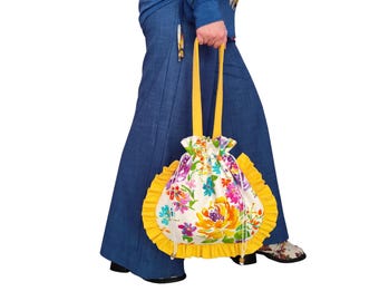 Handmade Floral Ruffle Drawstring Bag, Shoulder & Handbag