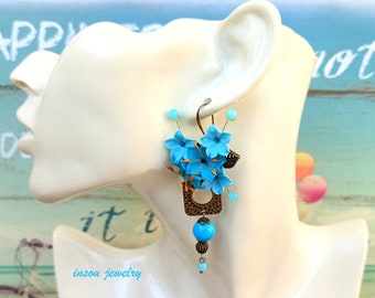 Turquoise Earrings, Flower Earrings, Wedding Earrings, Statement Earrings, Romantic Jewelry, Gift For Women, Floral Jewelry,Elegant Earrings