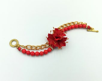 Red Bracelet, Charm Bracelet, Floral Bracelet, Red Gold, Beaded Bracelet, Lily Jewelry, Red Lily, Women Gift, Romantic Jewelry, Handmade