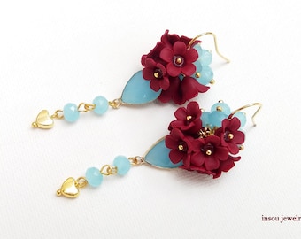Bordeaux Earrings, Flower Earrings, Fashion Earrings, Bordeaux Jewelry, Flower Jewelry ,Dangle Earrings, Romantic Jewelry, Gift For Her
