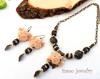 Hand Sculpted Polymer Clay Rose Necklace and Earrings Set