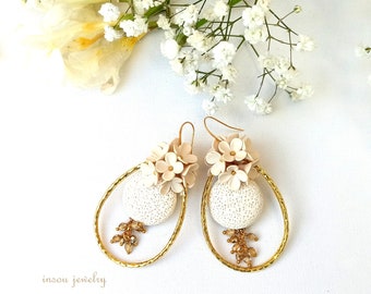 Ivory Earrings, Statement Floral Earrings, Romantic Earrings, Dangle Hoop Earrings, Gift For Her, Wedding Jewelry, Unique Earrings, Handmade