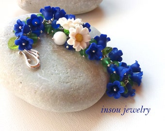 Blue Bracelet, Wedding Bracelet, Handmade Bracelet, Daisy Jewelry, Flower Jewelry, Romantic Jewelry, Gift For Her, Bell Flowers, Floral