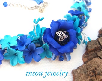 Wedding Necklace, Blue Necklace, Flower Necklace, Statement Necklace, Flower Jewelry, Anemone, Gift For Her, Blue Turquoise Jewelry