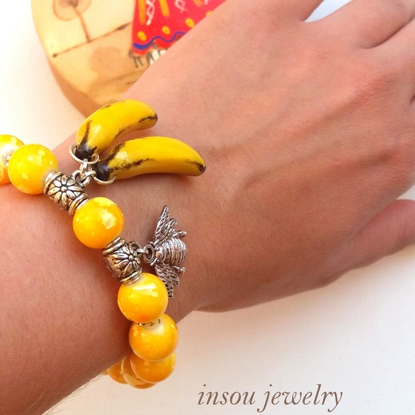Charm Bracelet Boho Jewelry Beaded Bracelet Birthday Gift Gift For Her Statement Bracelet Yellow Bracelet Fruit Bracelet Banana Jewelry