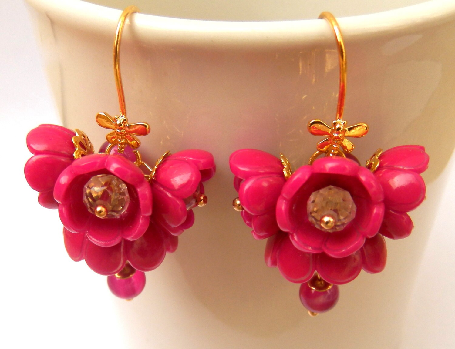 Hot Pink Flower Earrings Dangle Earrings Bridal Earrings Etsy
