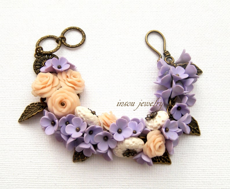 Gift For Her Roses Flower Bracelet Handmade Bracelet Pastel Bracelet Jade Jewelry Wedding Bracelet Wedding Jewelry Lilac Floral