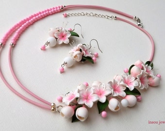 Sakura Flower Necklace, White Pink Necklace, Spring Necklace, Floral Necklace, Gift For Mom, Gift For Her, Floral Fashion, Spring Jewelry