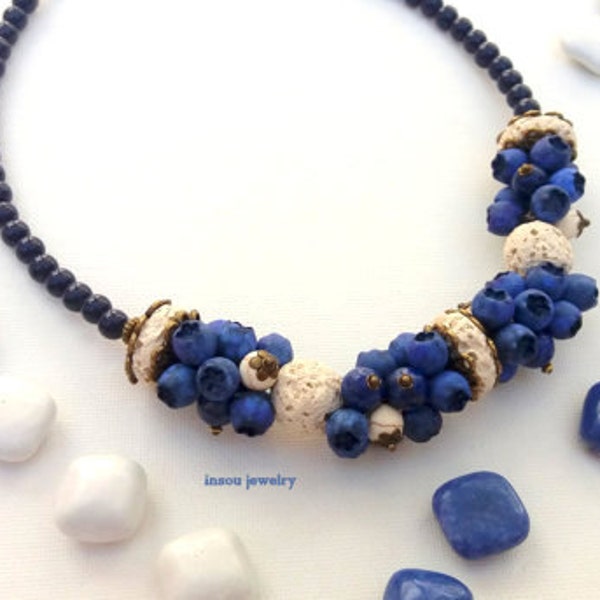 Blue Necklace, Statement Necklace, Blue Jewelry, Charm Necklace, Chunky Necklace, Blueberry, Berry Jewelry, Fashion Necklace,Polymer Jewelry