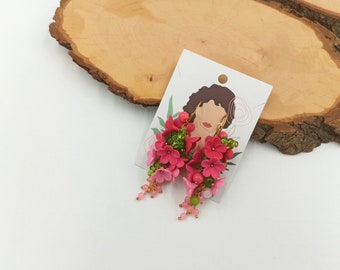 Magenta Flower Earrings, Boho Dangle Earrings, Ombre Flowers, Handmade Earrings, Gift For Her, Gift For Mom, Polymer Earrings, Jade Earrings