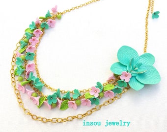 Flower Necklace, Multistrand Necklace, Statement Necklace, Pastel Necklace, Mint Pink, Long Necklace, Floral Jewelry, Spring Jewelry