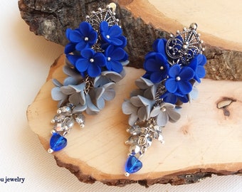 Flower Earrings, Blue Grey, Statement Earrings, Dangle Earrings, Elegant Earrings, Gift For Her