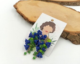 Blue Flower Earrings Dangle Flower Earrings Blue Flowers Bell Flowers Blue Jewelry Blue Green Boho Flower Earrings Nature Jewelry Gift