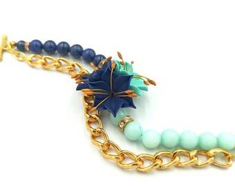 Blue Bracelet, Flower Bracelet, Lily Bracelet, Charm Bracelet, Beaded Bracelet, Mint Bracelet, Romantic Jewelry, Women Gift, Jade Jewelry