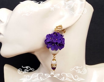 Plum Earrings, Flower Earrings, Dangle Earrings, Plum Jewelry, Flower Jewelry, Romantic Earrings, Gift for Her, Unique Earrings, Handmade