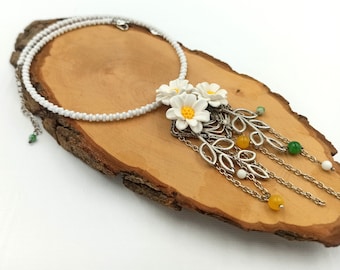 Daisy Flower Necklace Daisy Jewelry Statement Necklace Flower Jewelry White Jewelry Romantic Necklace Handmade Necklace Gift For Her