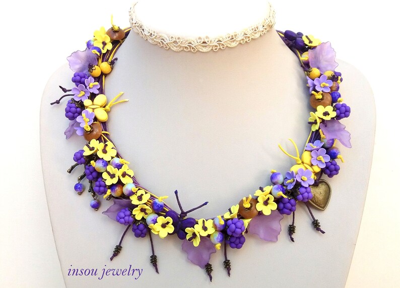 Statement Necklace Boho Necklace Gift For Her Flower Necklace Bib Necklace Charm Necklace Purple Necklace Berry Jewelry Handmade Flowers