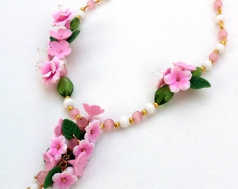 Pink Necklace Flower Necklace Sakura Forget Me Not Pink Jewelry Flower Jewelry Pink Flowers Spring Jewelry Romantic Jewelry Polymer Jewelry