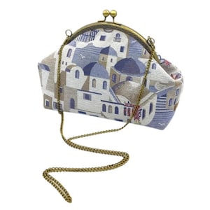 Santorini Bag, Handmade Greek Purse, Greek Island Clutch, Santorini Inspired Fabric Bag, Greek Summer Clutch, Fabric Bag with Bronze Frame