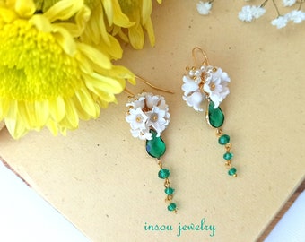 Handmade White Flower Earrings, Teal Green Dangle Earrings, Flower Jewelry, Handmade Jewelry, Gift for Her