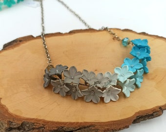 Turquoise Necklace, Flower Necklace, Statement Necklace, Floral Jewelry, Grey Jewelry, Handmade Necklace, Gift For Her, Colourful, Rainbow