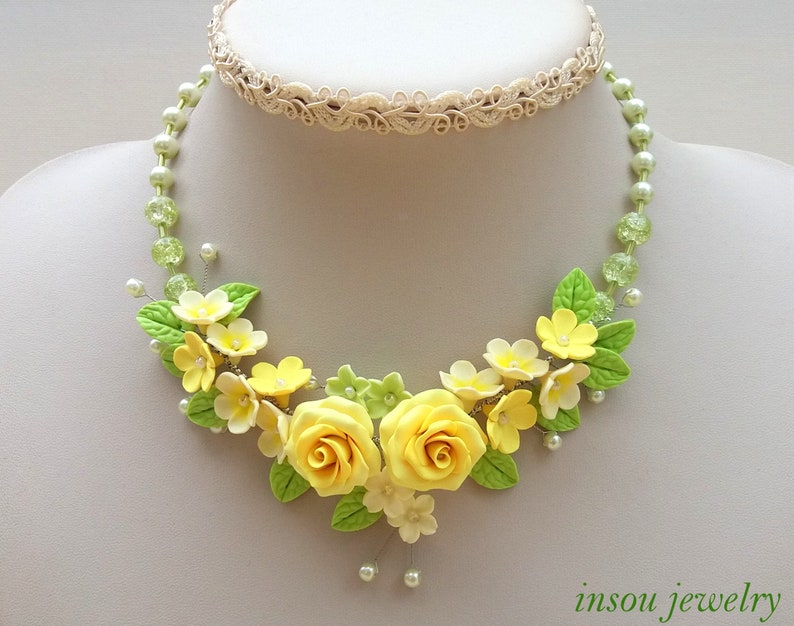 Yellow Necklace Roses Ombre Necklace Flower Necklace Bridesmaid Gift Wedding Jewelry Statement Necklace Romantic Jewelry Handmade Necklace