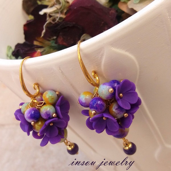 Plum Earrings, Flower Earrings, Dangle Earrings, Plum Jewelry, Flower Jewelry, Romantic Earrings, Gift for Her, Unique Earrings, Handmade