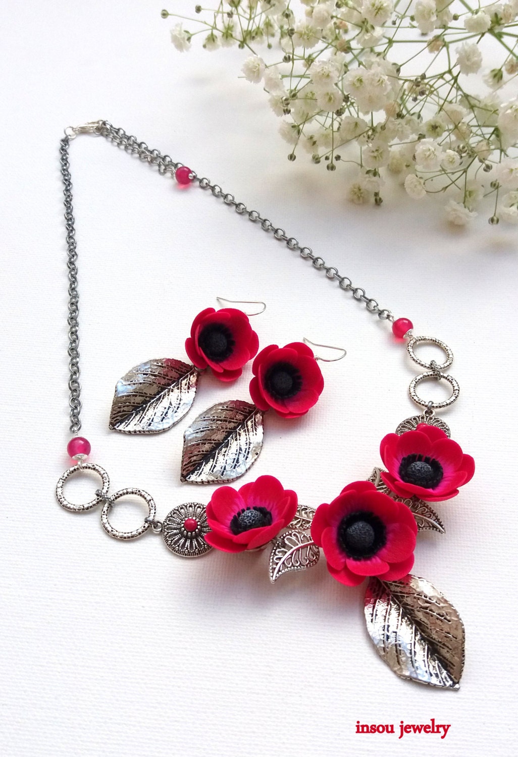 Flower Jewelry Hot Pink Jewelry Anemone Windflower Pink Etsy