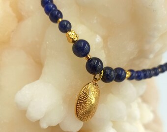 Gold Limpet Necklace, Lapis Lazuli Necklace with Limpet Pendant, 24 K Gold plated Shell, Blue Necklace, Beach Necklace, Summer Necklace