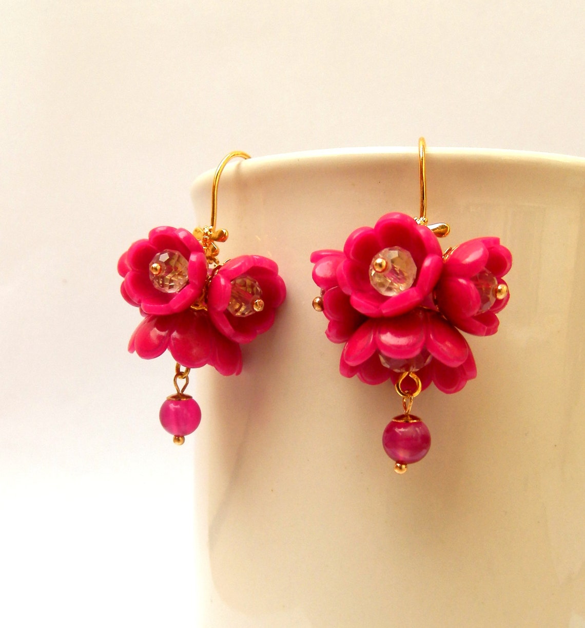 Hot Pink Flower Earrings Dangle Earrings Bridal Earrings Etsy