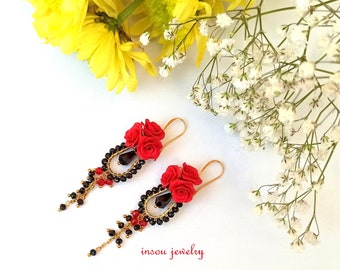 Red Earrings, Statement Earrings, Red Black, Flower Earrings, Red Dangle Earrings, Elegant Earrings, Gift For Her, Red Jewelry, Gift for Mum