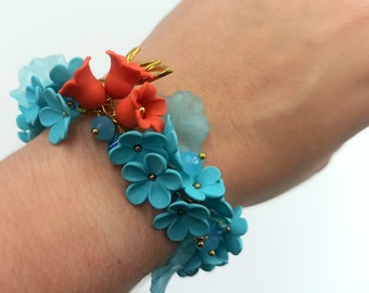 Light Blue Bracelet, Charm Flower Bracelet, Romantic Bracelet, Handmade Beaded Bracelet, Gift For Her, Bell Flowers, Floral Jewelry